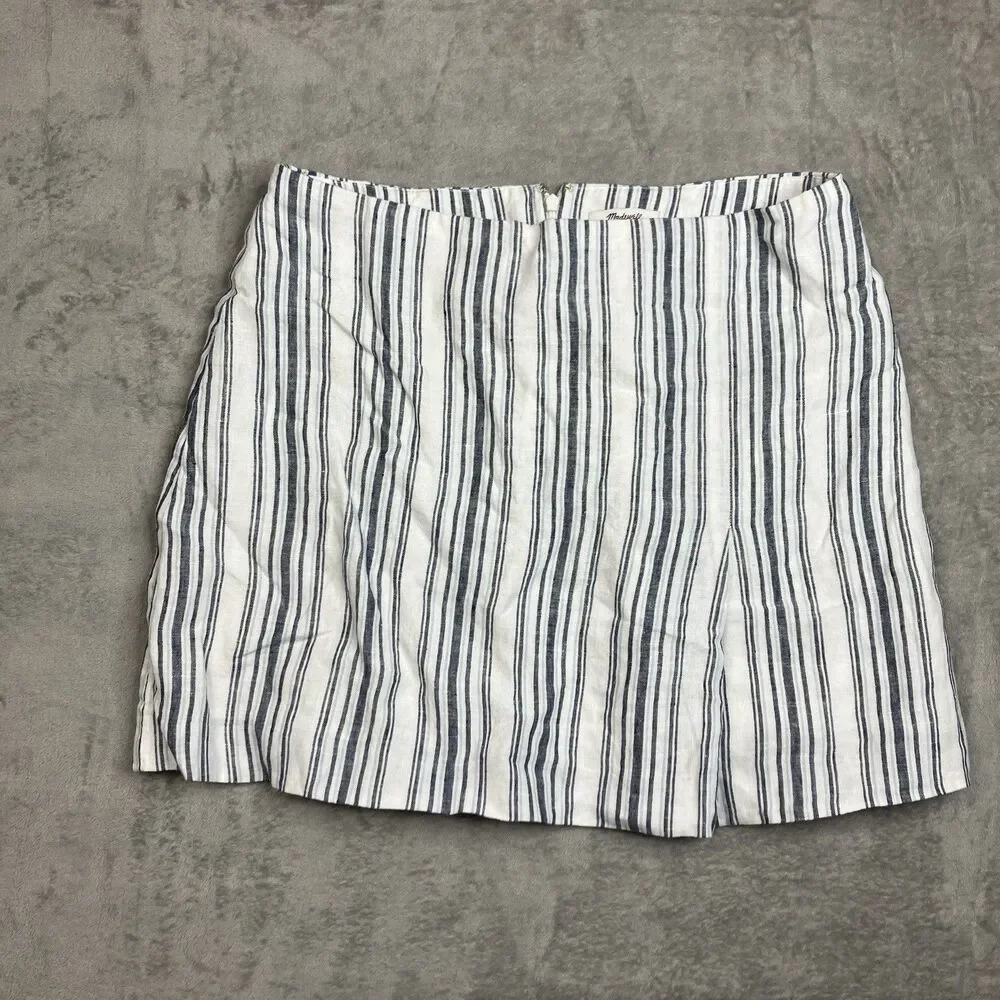 Madewell Linen Mini Skirt Coastal White Blue Striped Single Pleat Preppy WMNS 12